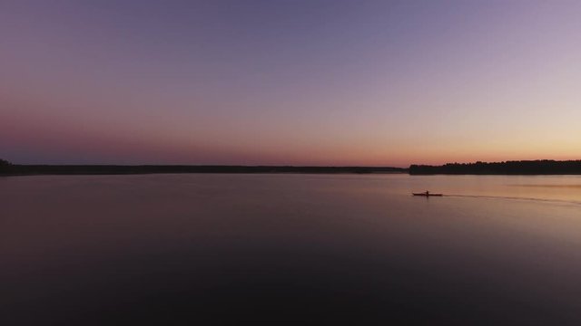 Aerial View Of Calm Lake And Person In Kayak. Travel, Nature, Outdoor Activities Concept. Location: Northern Sweden, Scandinavia. July Of 2018. 