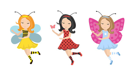 Cute little girl ladybug, bee, butterfly icon set in flat, cartoon style. Baby carnival costume bee. Isolated on white background. Vector illustration.