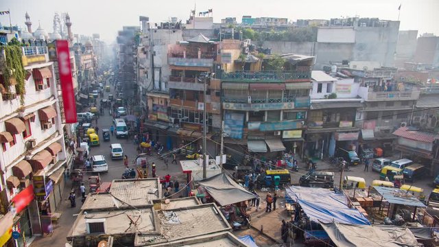 Street Main Bazaar in the old part of the capital of India. Time lapse.