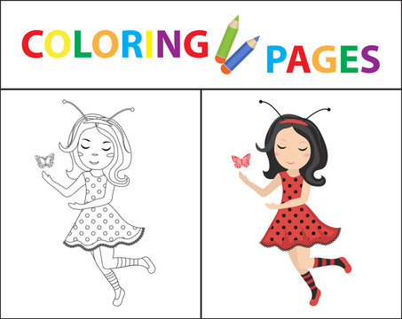 Coloring book page for kids. Ladybug. Sketch outline and color version. Childrens education. Vector illustration