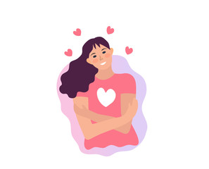 Love yourself, girl hugs herself. Narcissistic, self-confident people, increase self-esteem. Health, care, body positive concept. Vector illustration