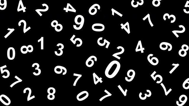 Animation of many Arabic numerals from 0 to 9. Fall with rotation randomly. White color on a black background and alpha channel. Concept of mathematics, numerical backdrop, overlay, transition.