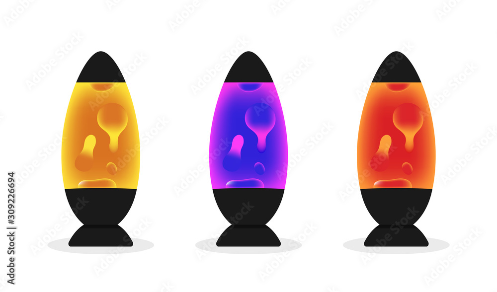 Fototapete lava lamp with colorful fluid bubbles. set of retro lava lamps with luminous abstract shapes