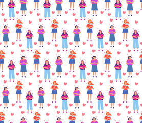 Love yourself, girl hugs heart seamless pattern. Endless background. Vector illustration