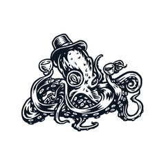 Octopus wears a hat, holds a glass and a smoking pipe