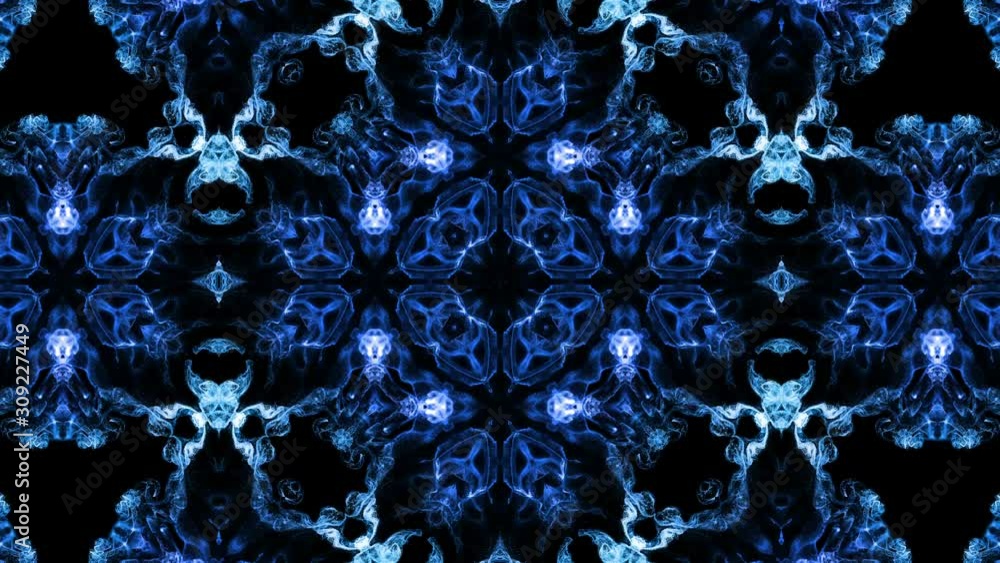 Poster ink kaleidoscopic effect of glow blue particles on black background with luma matte as alpha channel