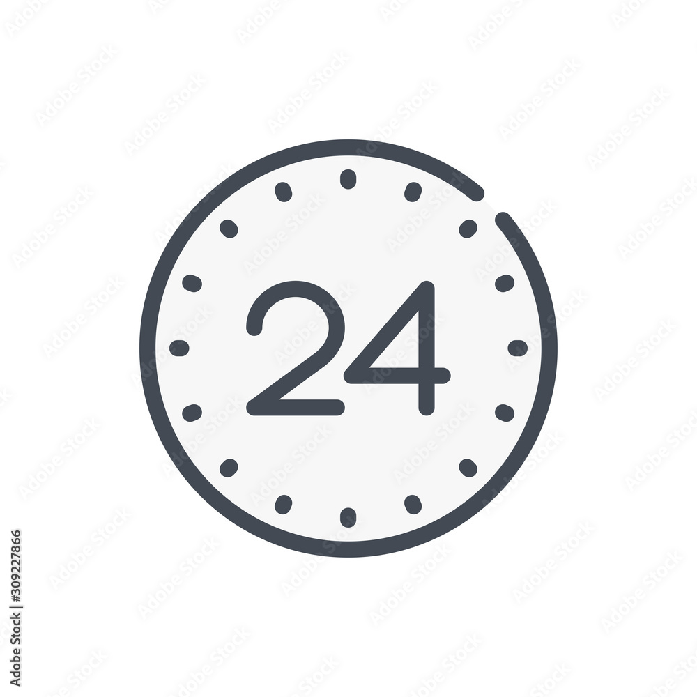 Poster watch with 24 support color line icon. 24 hour time clock vector outline colorful sign.