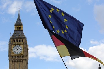 Fototapeta na wymiar Big Ben with EU and german flag beside it