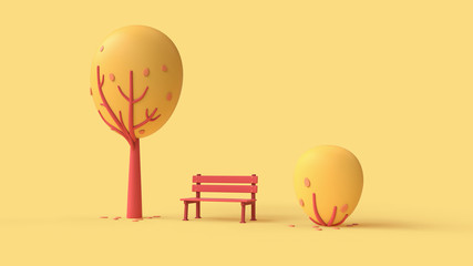 Autumn park with red lonely bench, falling leaves, simple cartoon red tree and bush. Landscape in bright colors. Concept art Autumn mood in fall season. Magic 3d illustration on yellow background.