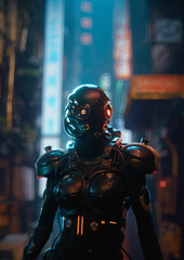 3d illustration of science fiction cyborg female in shiny black metal armor suit with helmet with red luminous glasses standing in night city street with shopping malls. Concept art futuristic soldier © roman3d