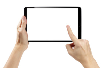 Hands touching blank screen of black tablet computer, isolated on white background - obrazy, fototapety, plakaty