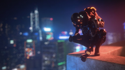 3d illustration cyborg female sitting on her haunches on the edge of the concrete roof of tall building looks down at the night city. Sci-fi girl in futuristic black armor suit with jet pack, helmet