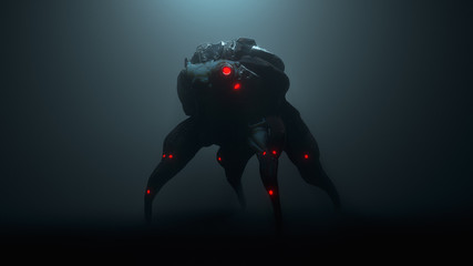 3d illustration of a cyberpunk scary creature with red luminous eyes in a night scene. Silhouette of a futuristic post apocalypse mutant in metal armor. Concept art science fiction alien character