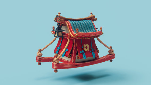 Palanquin trader with blue roof tiles, red wood and gold decorations. Cartoon seden chair. Ancient chinese little vehicle floating in the air. Asian traders cart. 3d illustration on blue background