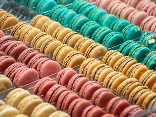 Macarones French pastries, colored in pastel tones.