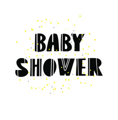 Baby shower flat vector phrase. Newborn cut out letters. Gold calligraphy on whitebackground. Gender reveal and baby shower party greeting card. Newborn scrapbook, photo album phrase with confetti 