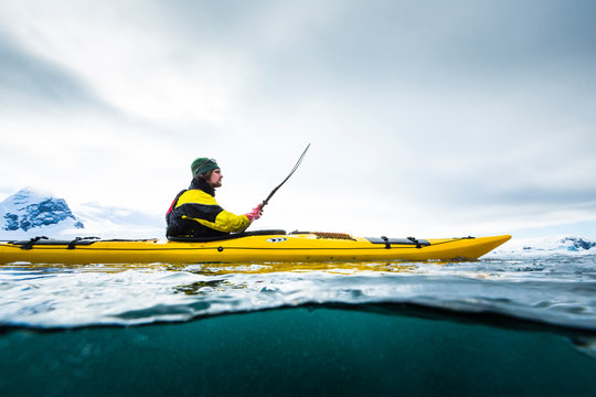 Man kayaking in Cierva Cove