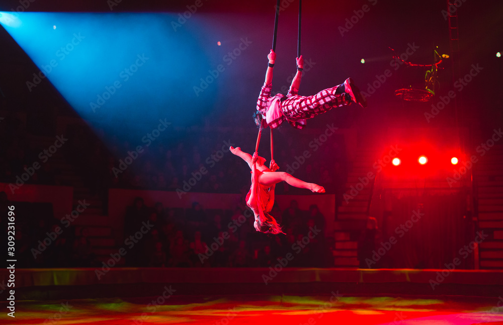 Wall mural performance of aerialists in the circus arena.