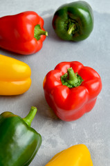 Fresh bell peppers. Green, red and yellow vegetables. Organic healthy food concept