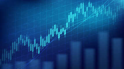 Abstract financial graph with uptrend line and bar chart of stock market on blue color background
