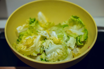 Close up Green lettuce in yellow bowl