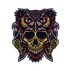 Owl Skull illustrations using a hand drawing style continued with digital coloring, this is a combination of hand drawing style and digital color