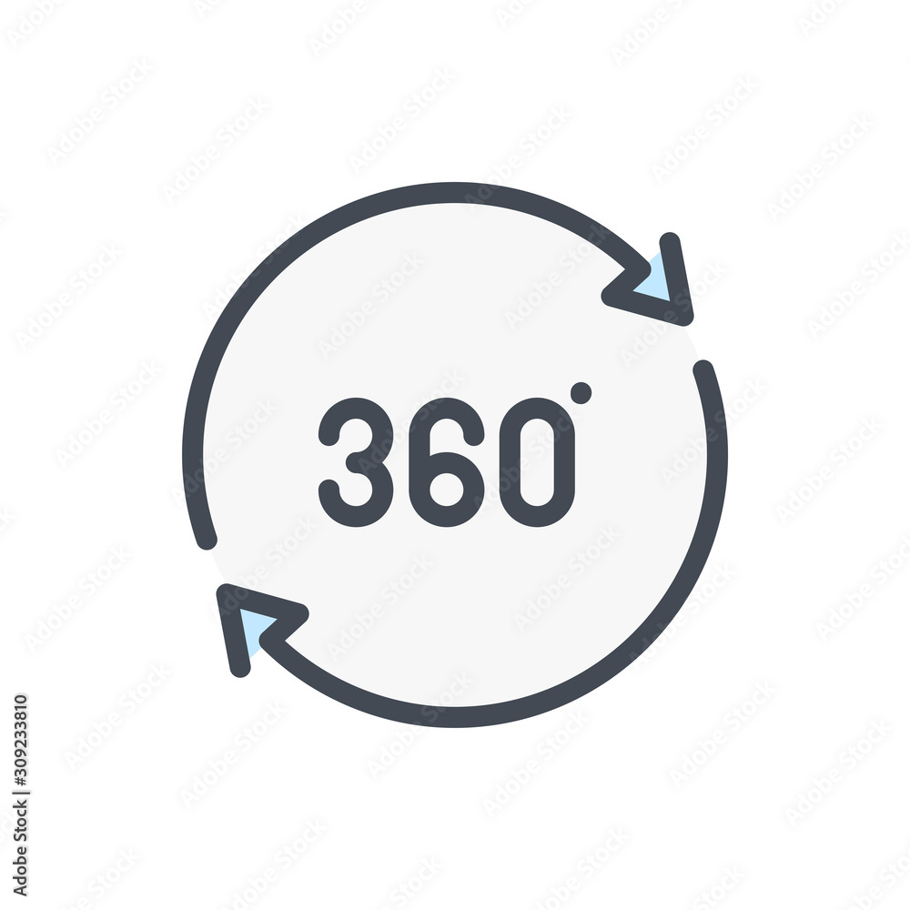 Aufkleber 360 degree rotation arrows color line icon. virtual reality 360 angle vector outline colorful sign.