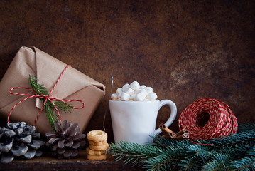 Christmas Hot Chocolate with marshmallows decorated with pine cones