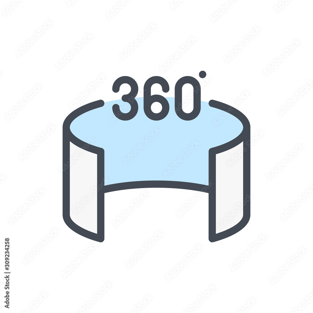 Poster 360 degree rotation color line icon. virtual reality room with 360 angle panorama vector outline col