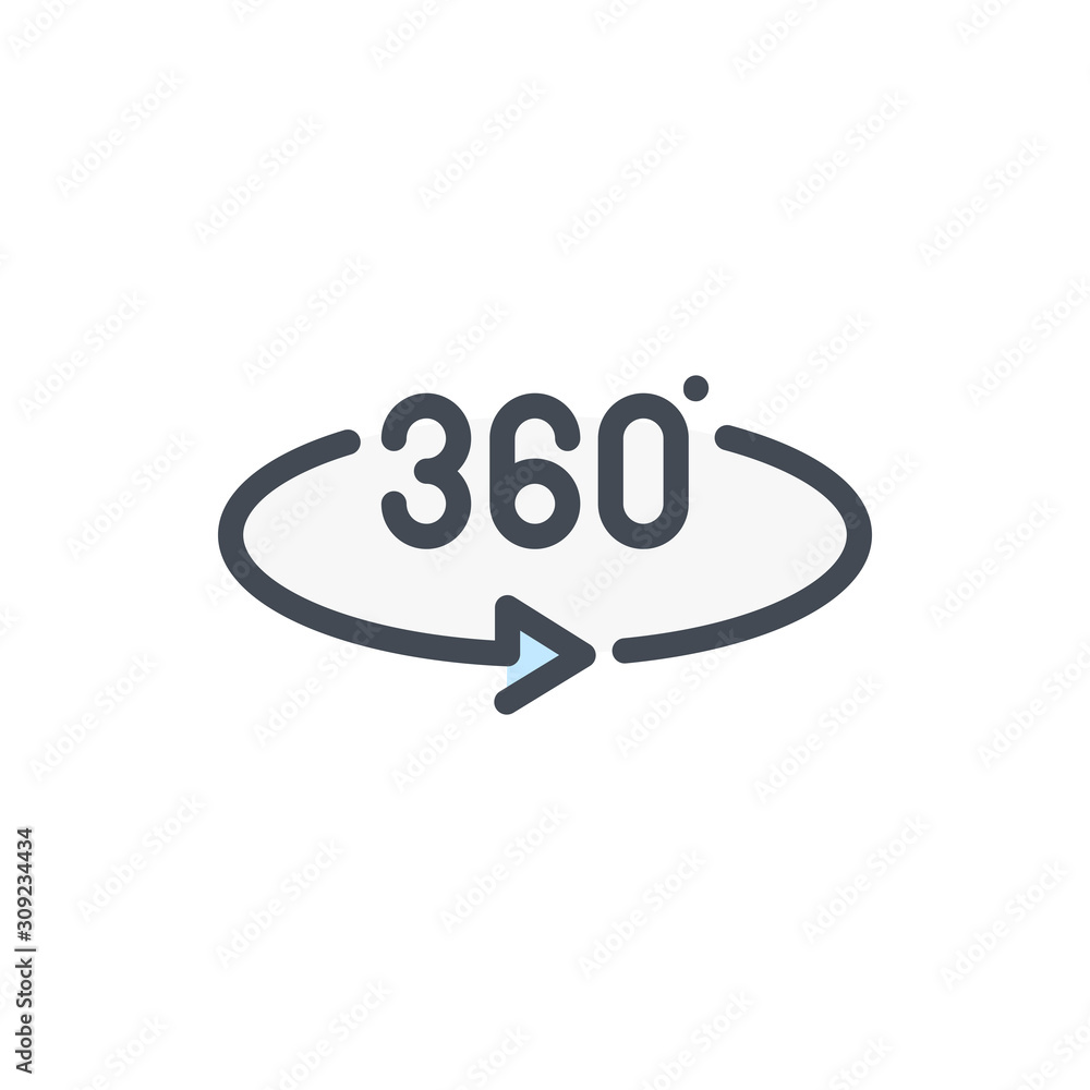 Poster 360 degree horizontal rotation color line icon. angel 360 degree vector outline colorful sign.