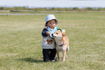 柴犬と遊ぶ赤ちゃん