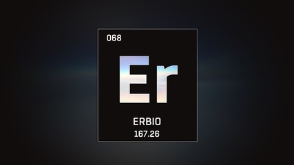 Fototapeta premium 3D illustration of Erbium as Element 68 of the Periodic Table. Grey illuminated atom design background with orbiting electrons. Name, atomic weight, element number in Spanish language