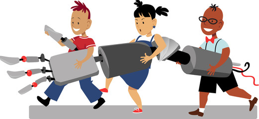 Little kids carrying a giant robotic arm, EPS 8 vector illustration