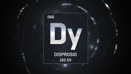 3D illustration of Dysprosium as Element 66 of the Periodic Table. Silver illuminated atom design background with orbiting electrons. Name, atomic weight, element number in Spanish language