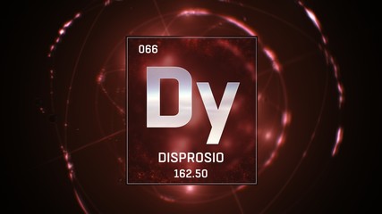 3D illustration of Dysprosium as Element 66 of the Periodic Table. Red illuminated atom design background with orbiting electrons. Name, atomic weight, element number in Spanish language