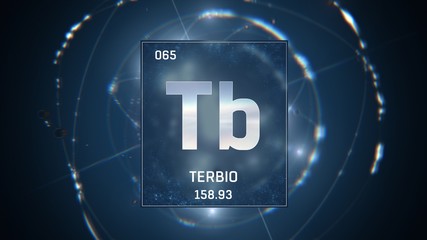 3D illustration of Terbium as Element 65 of the Periodic Table. Blue illuminated atom design background with orbiting electrons. Name, atomic weight, element number in Spanish language