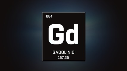 3D illustration of Gadolinium as Element 64 of the Periodic Table. Grey illuminated atom design background with orbiting electrons. Name, atomic weight, element number in Spanish language