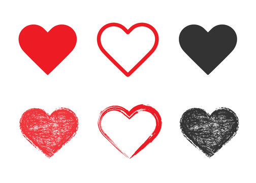 Set of vector grunge heart icons. Hand drawn textured heart shapes for valentines day design, cards or posters.