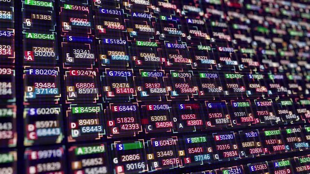 Close up of programming code strings changing the digital on screen, abstract hacking background. Animation. Many rows of changing colorful numbers, seamless loop.
