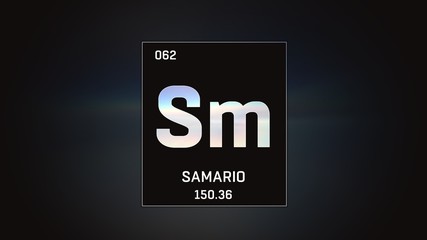 3D illustration of Samarium as Element 62 of the Periodic Table. Grey illuminated atom design background with orbiting electrons. Name, atomic weight, element number in Spanish language