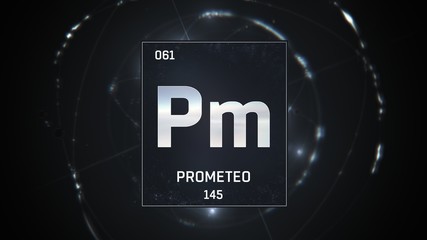 3D illustration of Promethium as Element 61 of the Periodic Table. Silver illuminated atom design background with orbiting electrons. Name, atomic weight, element number in Spanish language