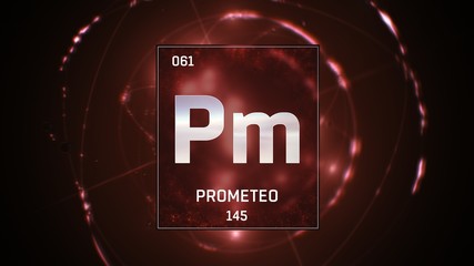3D illustration of Promethium as Element 61 of the Periodic Table. Red illuminated atom design background with orbiting electrons. Name, atomic weight, element number in Spanish language