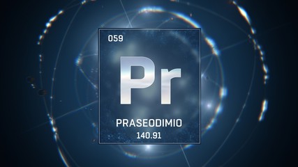 3D illustration of Praseodymium as Element 59 of the Periodic Table. Blue illuminated atom design background with orbiting electrons. Name, atomic weight, element number in Spanish language