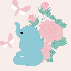vector illustration with cute elephant, pink roses and butterfly