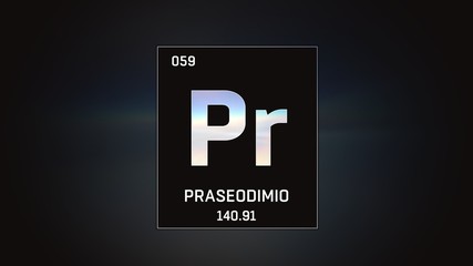 Fototapeta premium 3D illustration of Praseodymium as Element 59 of the Periodic Table. Grey illuminated atom design background with orbiting electrons. Name, atomic weight, element number in Spanish language
