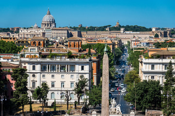 Fototapeta na wymiar Rome, Italy: Panoramic Scenic View of Piazza del Popolo Square from the Terrace of Pincio in Villa Borghese