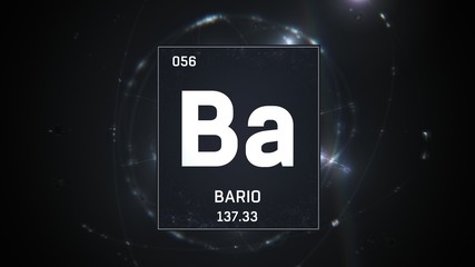 3D illustration of Barium as Element 56 of the Periodic Table. Silver illuminated atom design background with orbiting electrons. Name, atomic weight, element number in Spanish language