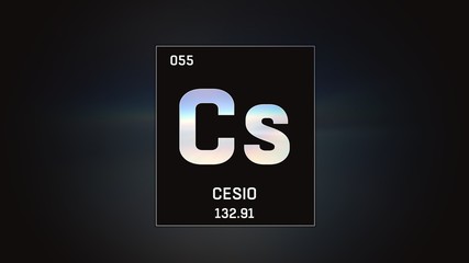 3D illustration of Cesium as Element 55 of the Periodic Table. Grey illuminated atom design background with orbiting electrons. Name, atomic weight, element number in Spanish language