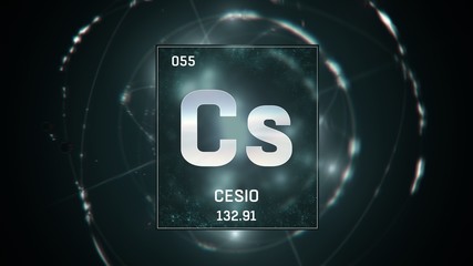 3D illustration of Cesium as Element 55 of the Periodic Table. Green illuminated atom design background with orbiting electrons. Name, atomic weight, element number in Spanish language