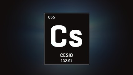 3D illustration of Cesium as Element 55 of the Periodic Table. Grey illuminated atom design background with orbiting electrons. Name, atomic weight, element number in Spanish language